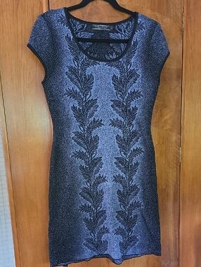 Peruvian Connection Black and Blue Jacquard Pima Cotton Cap-Sleeve Dress